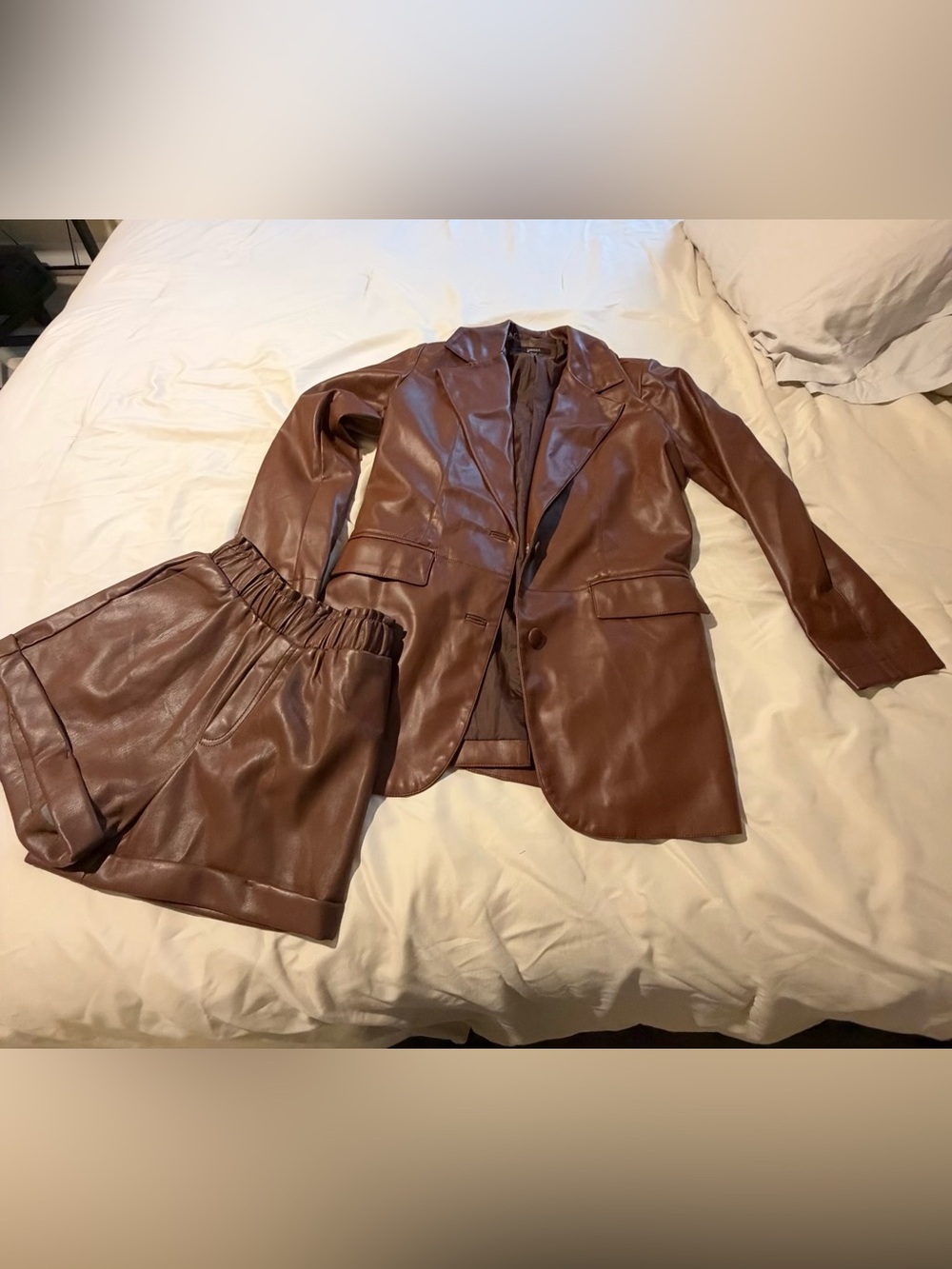 Brown Faux Leather Blazer and Short Set